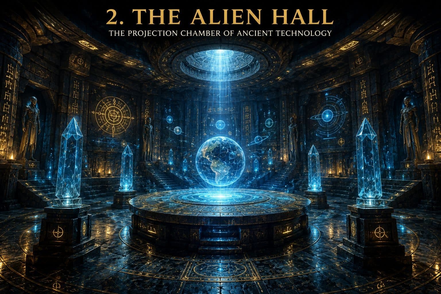 Artistic illustration of a vast underground hall with glowing crystal pillars and a holographic globe.
