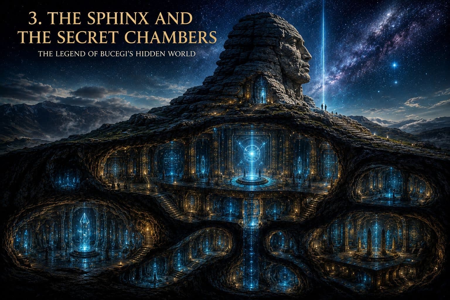 Artistic illustration of the Bucegi Sphinx above a cross-section of glowing underground chambers.