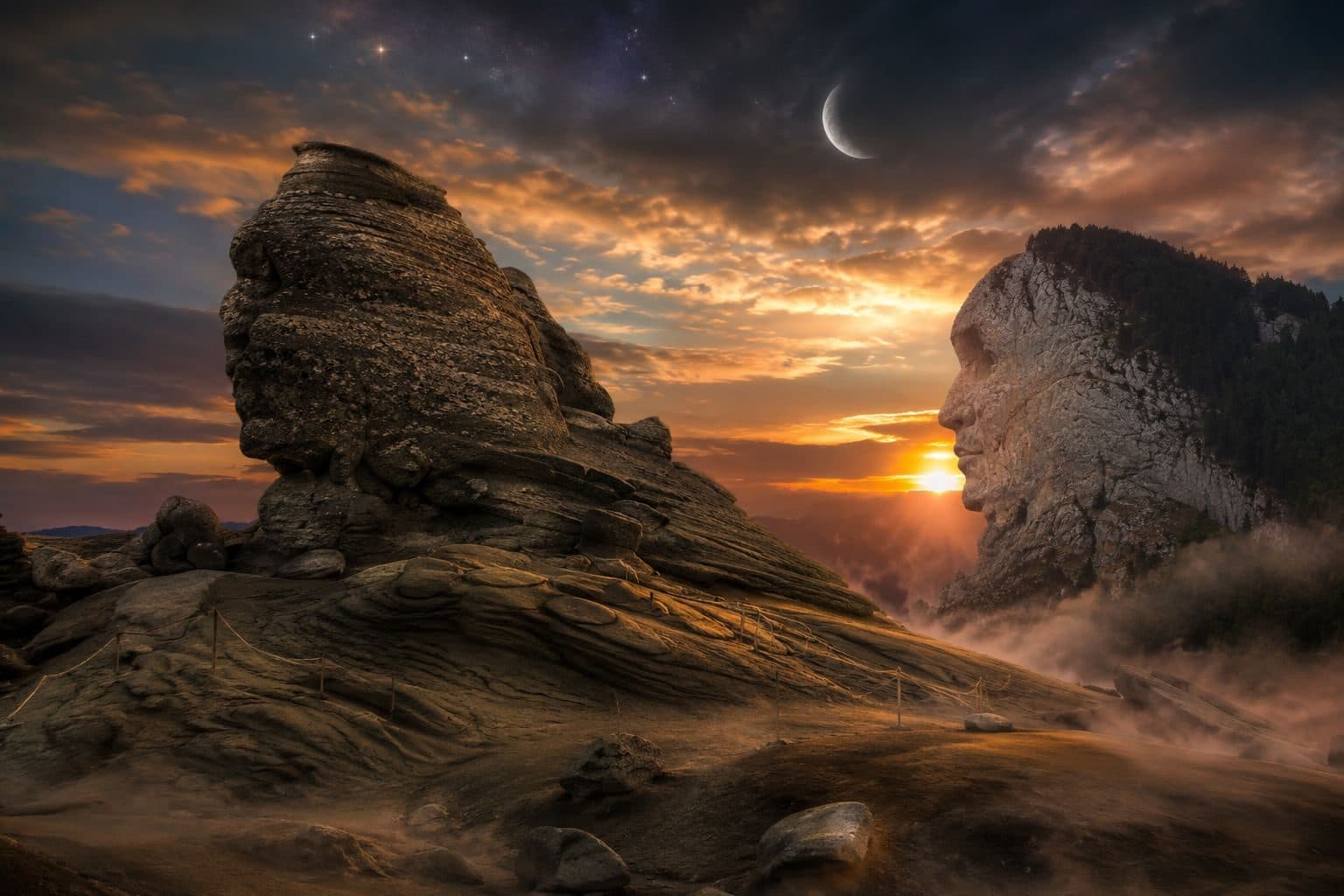 The Bucegi Sphinx rock formation at sunset